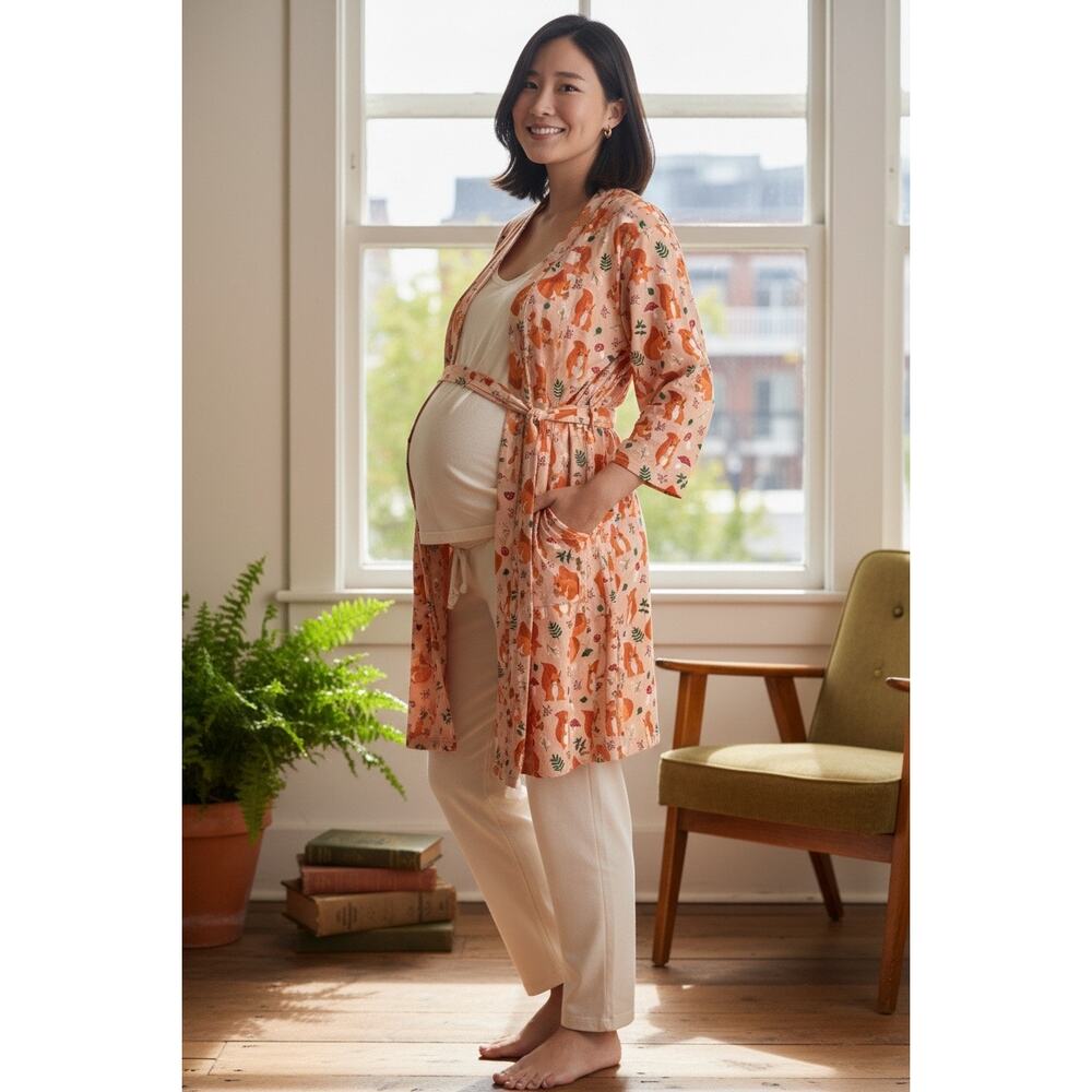 Breakfast for Dinner Fox Print Tie Front Robe Cardigan Peach Woodland Mushrooms